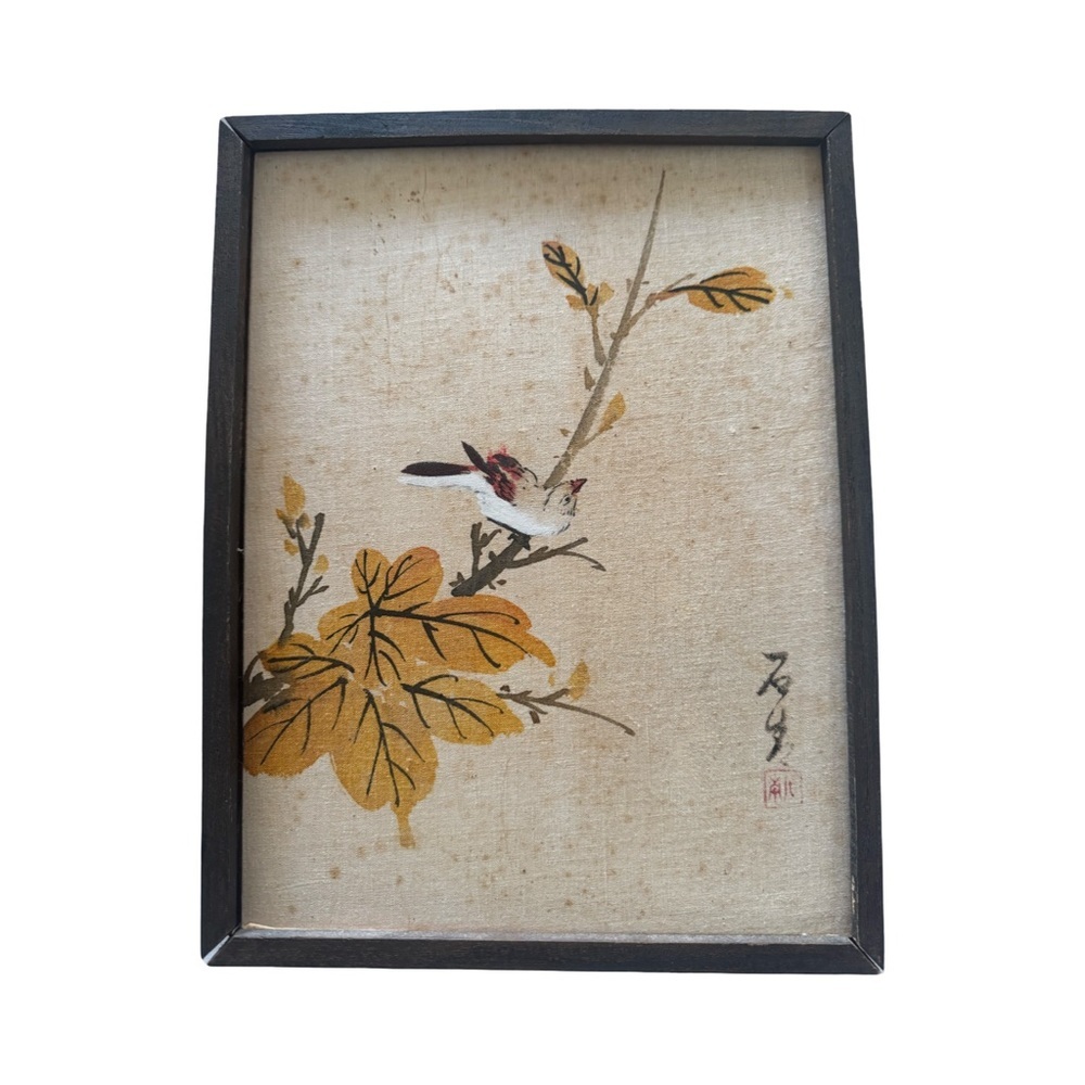 Vintage Asian Hand Painted Fabric Art Bird & Floral Wood Panels Signed Set of 2 - Picture 2 of 9